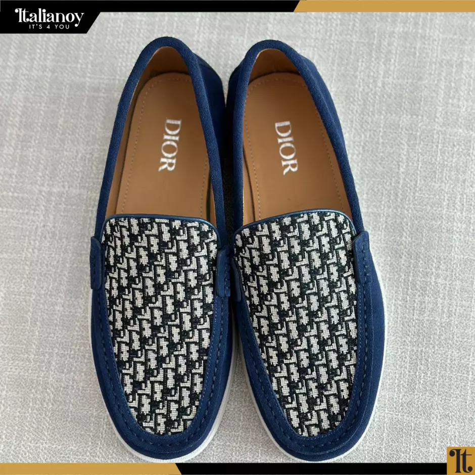 DIOR GRANVILLE LOAFER Navy Blue Suede with Beige and Black Dior Oblique Jacquard