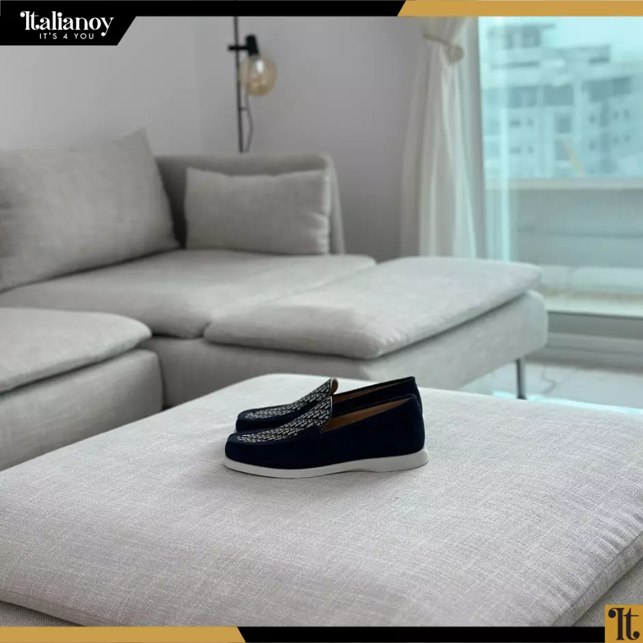 DIOR GRANVILLE LOAFER Navy Blue Suede with Beige and Black Dior Oblique Jacquard