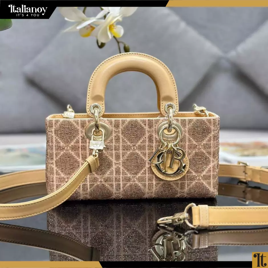 SMALL LADY D-JOY BAG Caramel Beige Cannage Cotton Embroidered with Micropearls