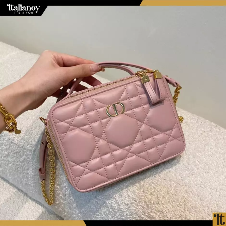 DIOR CARO BOX BAG pink Quilted Macrocannage Calfskin