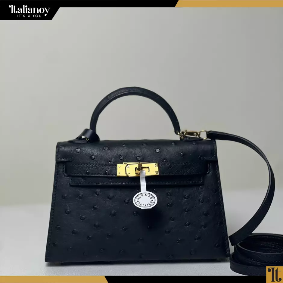 Hermes Kelly Handbag Noir Ostrich with Palladium Hardware 25