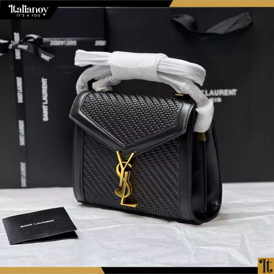 SAINT LAURENT Calfksin Woven Mini Classic Monogram Cassandra Top Handle Black