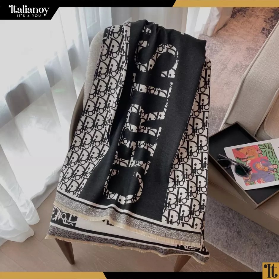 DIOR CANNAGE SCARF Black and Ivory Cashmere and Virgin Wool