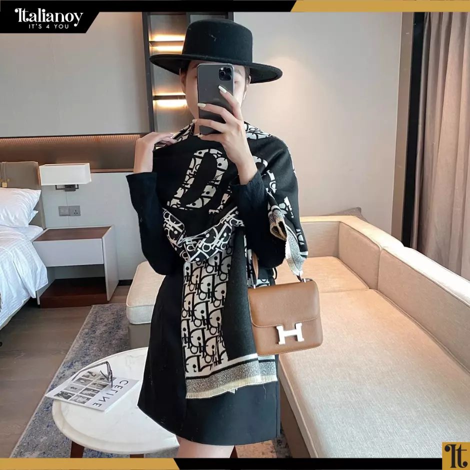 DIOR CANNAGE SCARF Black and Ivory Cashmere and Virgin Wool